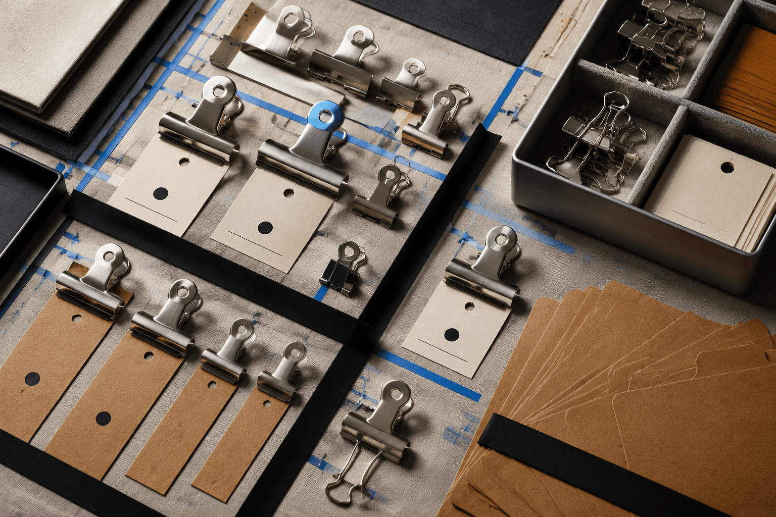 A desk organisation sample board of brushed metal clips, cream numbered tags, a divided drawer tray and kraft folders on a warm grey surface