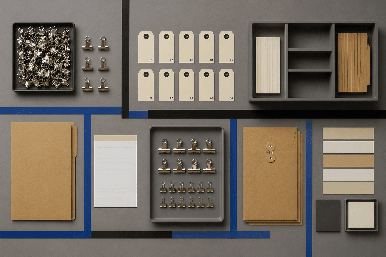 A fully reset warm grey desk of clips, tags, drawer tray and folders in tidy zones